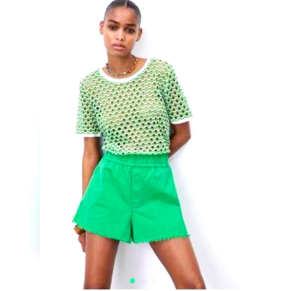 Zara Sweaters - Zara open knit crochet sweater Size L green and white preppy coastal beach